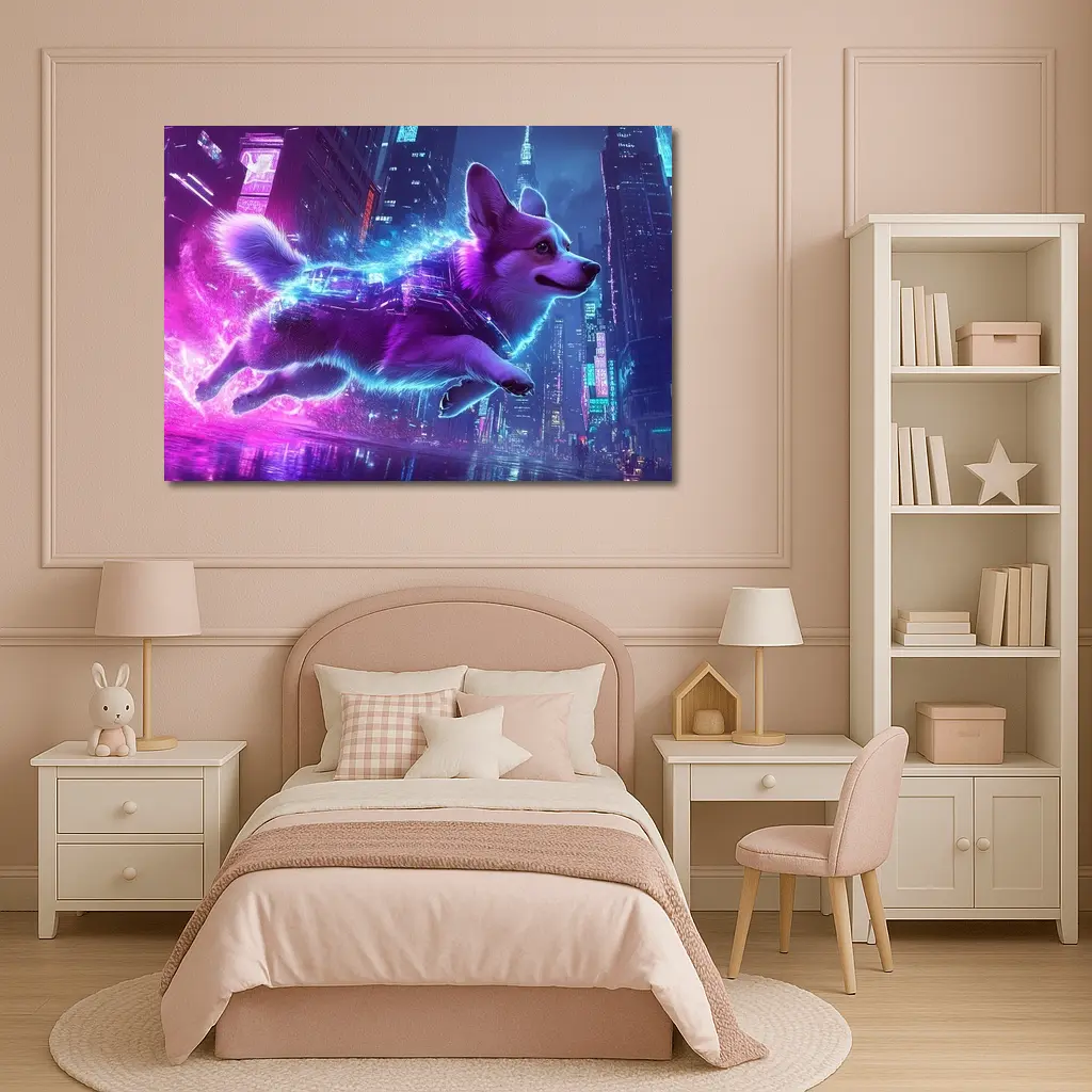 Corgi Dog Running Neon Cyberpunk City – Wall Art