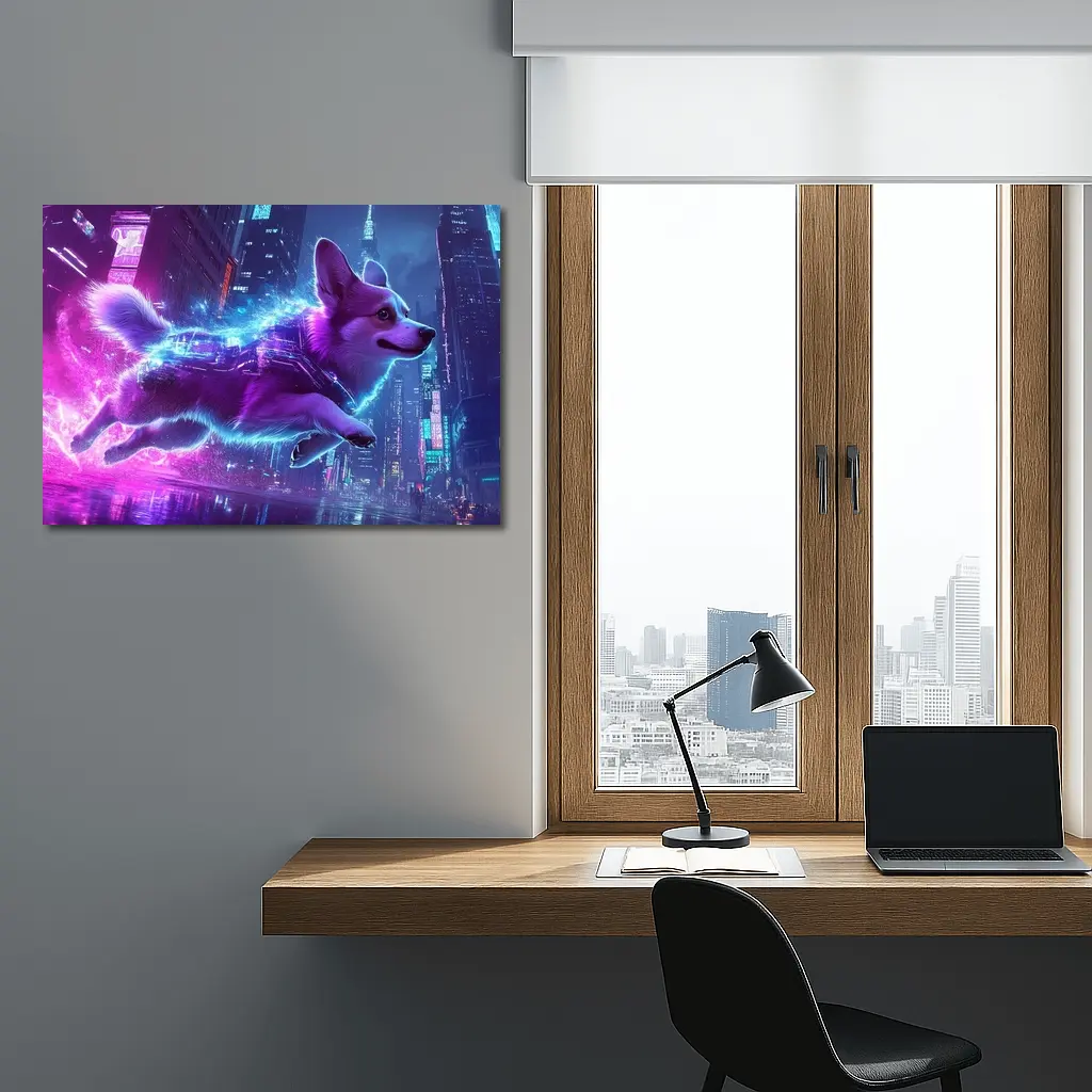 Corgi Dog Running Neon Cyberpunk City – Wall Art