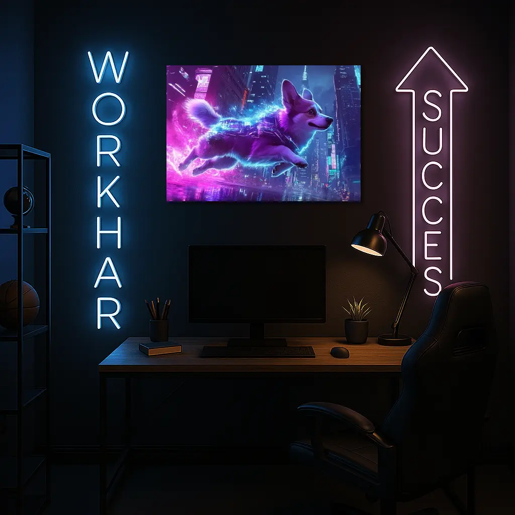 Corgi Dog Running Neon Cyberpunk City – Wall Art