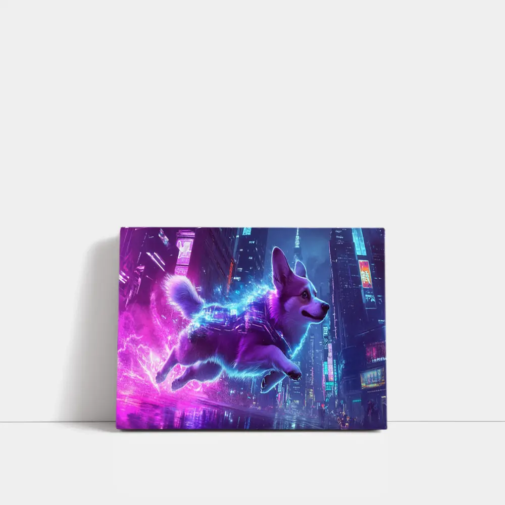 Corgi Dog Running Neon Cyberpunk City – Wall Art