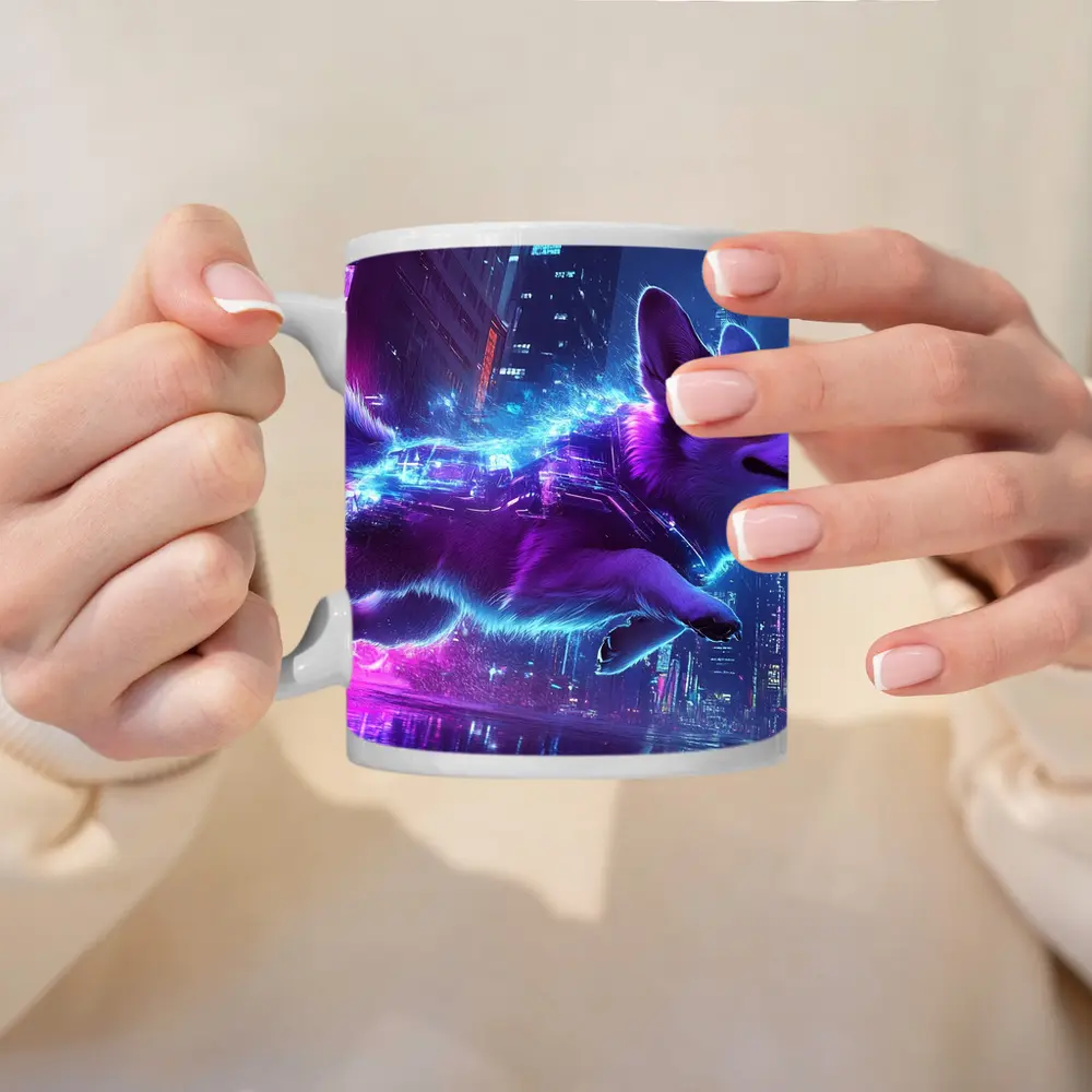 Corgi Dog Running Neon Cyberpunk City – Mugs