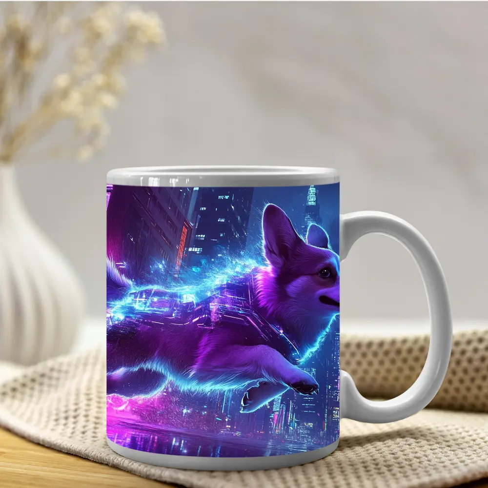 Corgi Dog Running Neon Cyberpunk City – Mugs