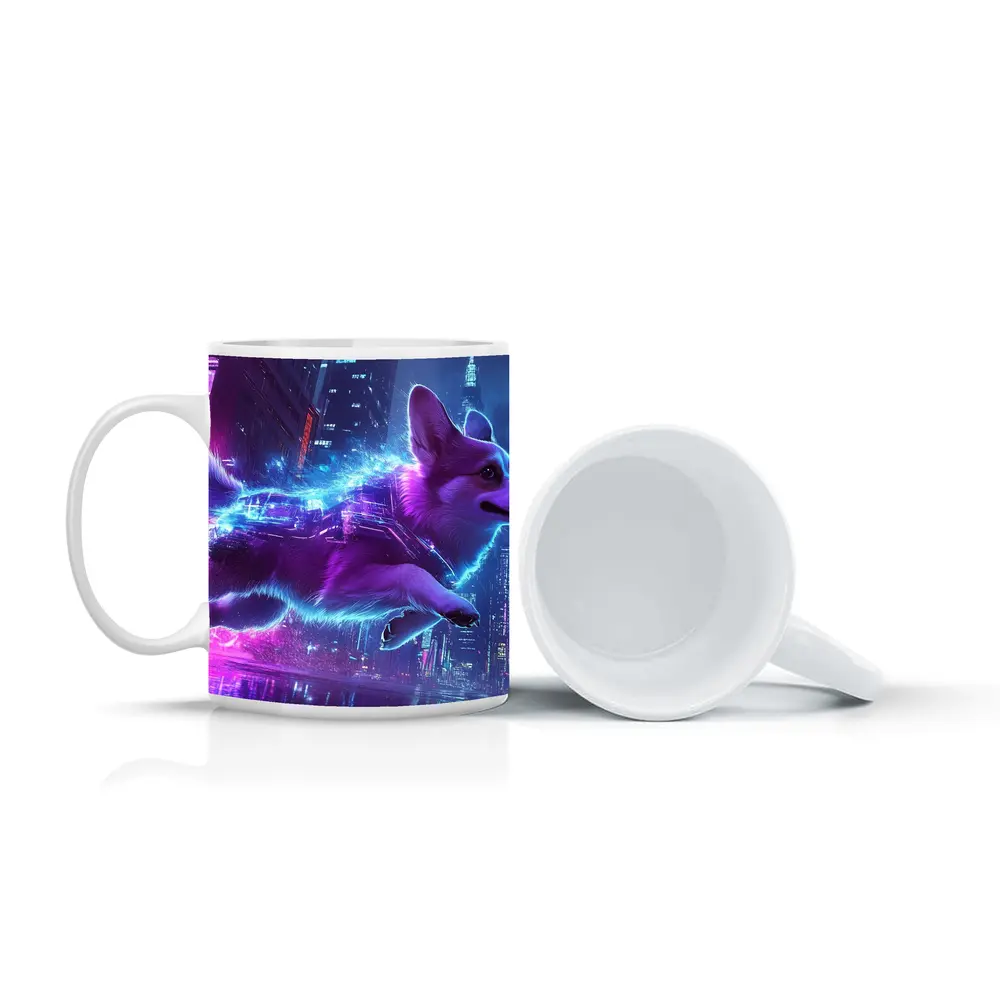 Corgi Dog Running Neon Cyberpunk City – Mugs