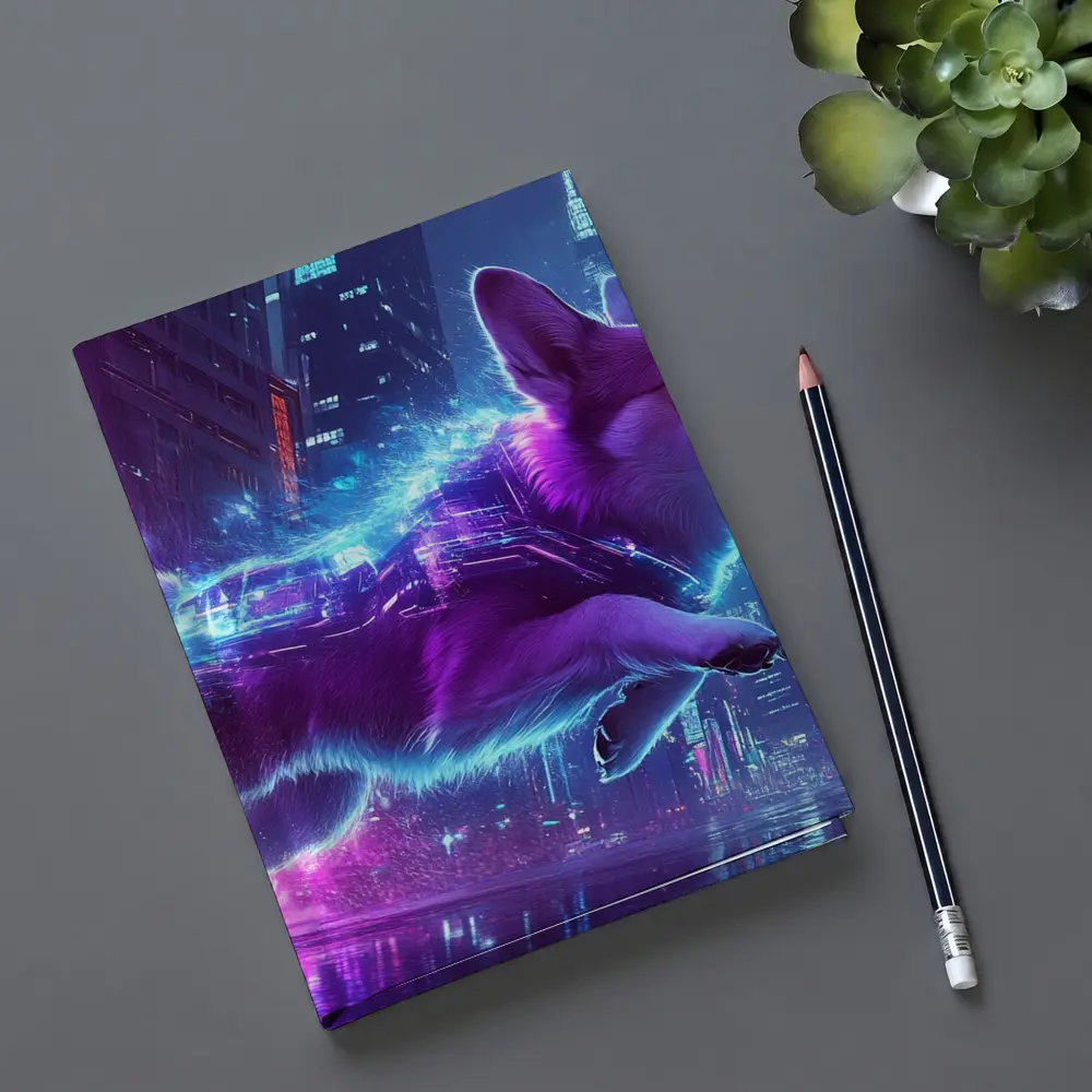 Corgi Dog Running Neon Cyberpunk City – Notebooks