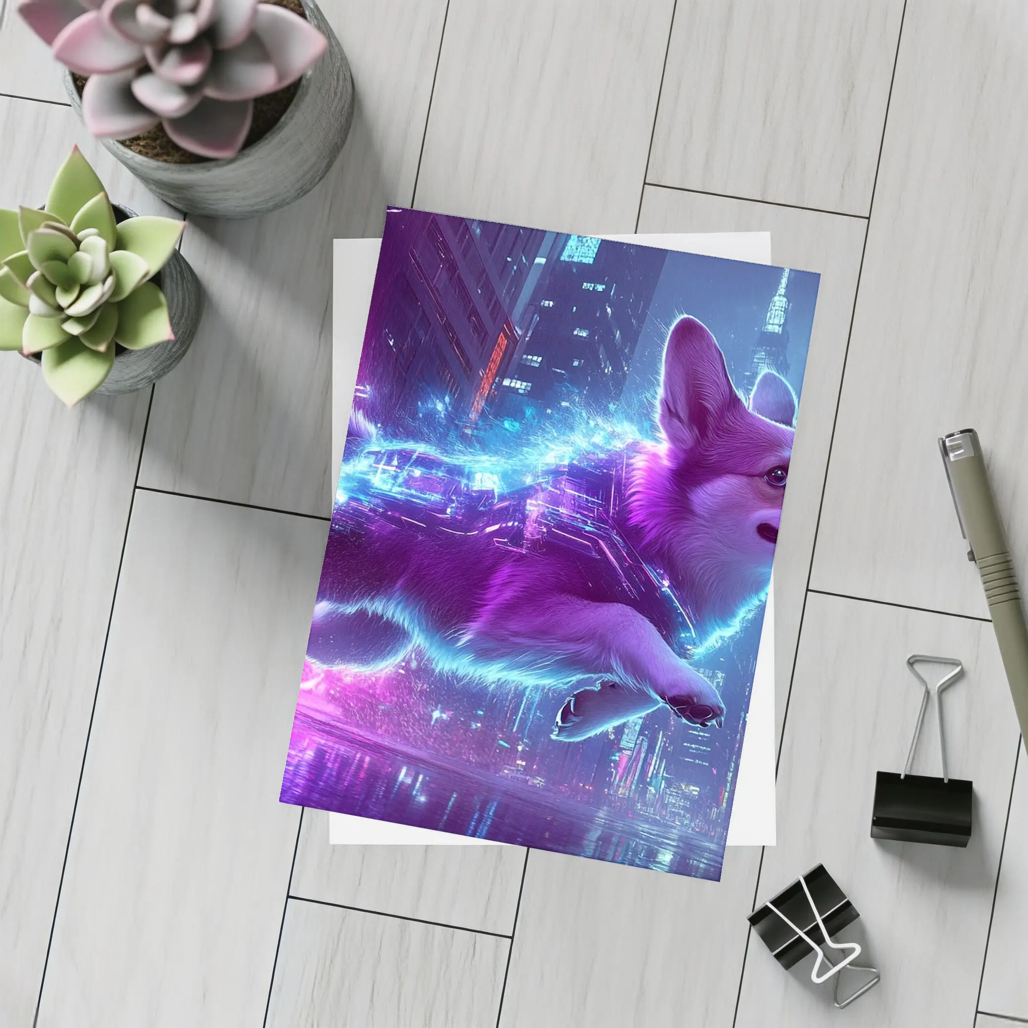 Corgi Dog Running Neon Cyberpunk City – Postcards