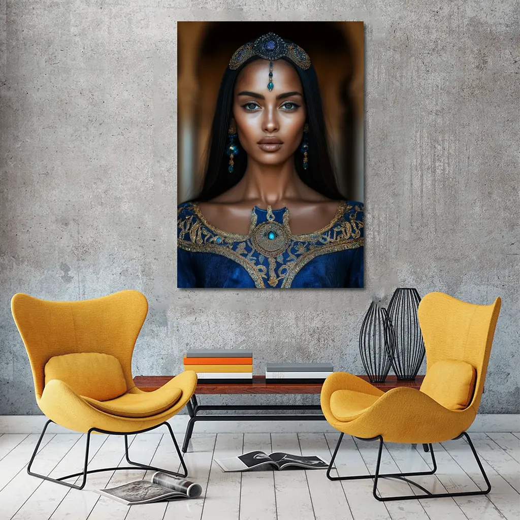 Royal Woman Blue Gold Arabian Palace Portrait – Wall Art