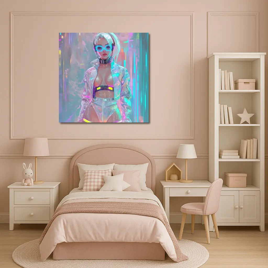 Cyberpunk Girl Neon Holographic Futuristic Art – Wall Art