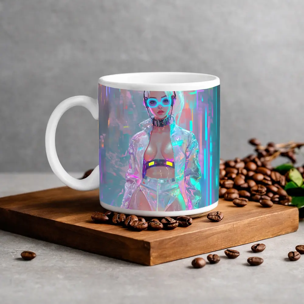 Cyberpunk Girl Neon Holographic Futuristic Art – Mugs