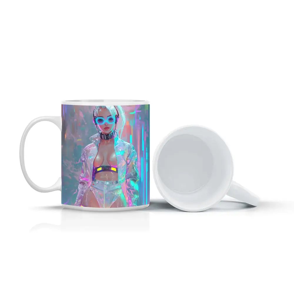 Cyberpunk Girl Neon Holographic Futuristic Art – Mugs