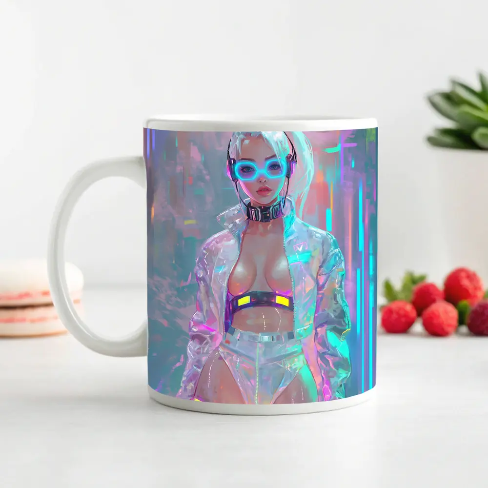 Cyberpunk Girl Neon Holographic Futuristic Art – Mugs