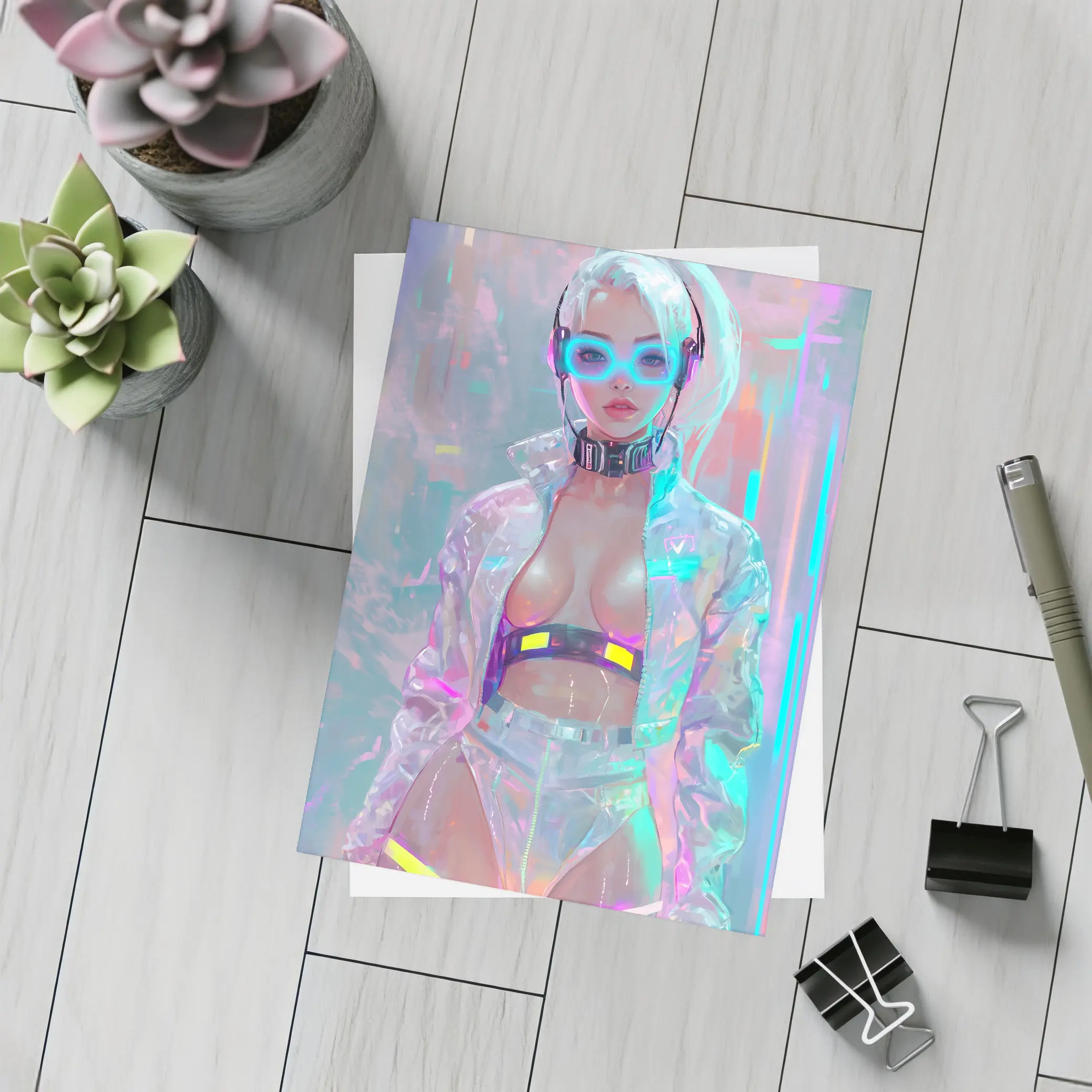 Cyberpunk Girl Neon Holographic Futuristic Art – Postcards