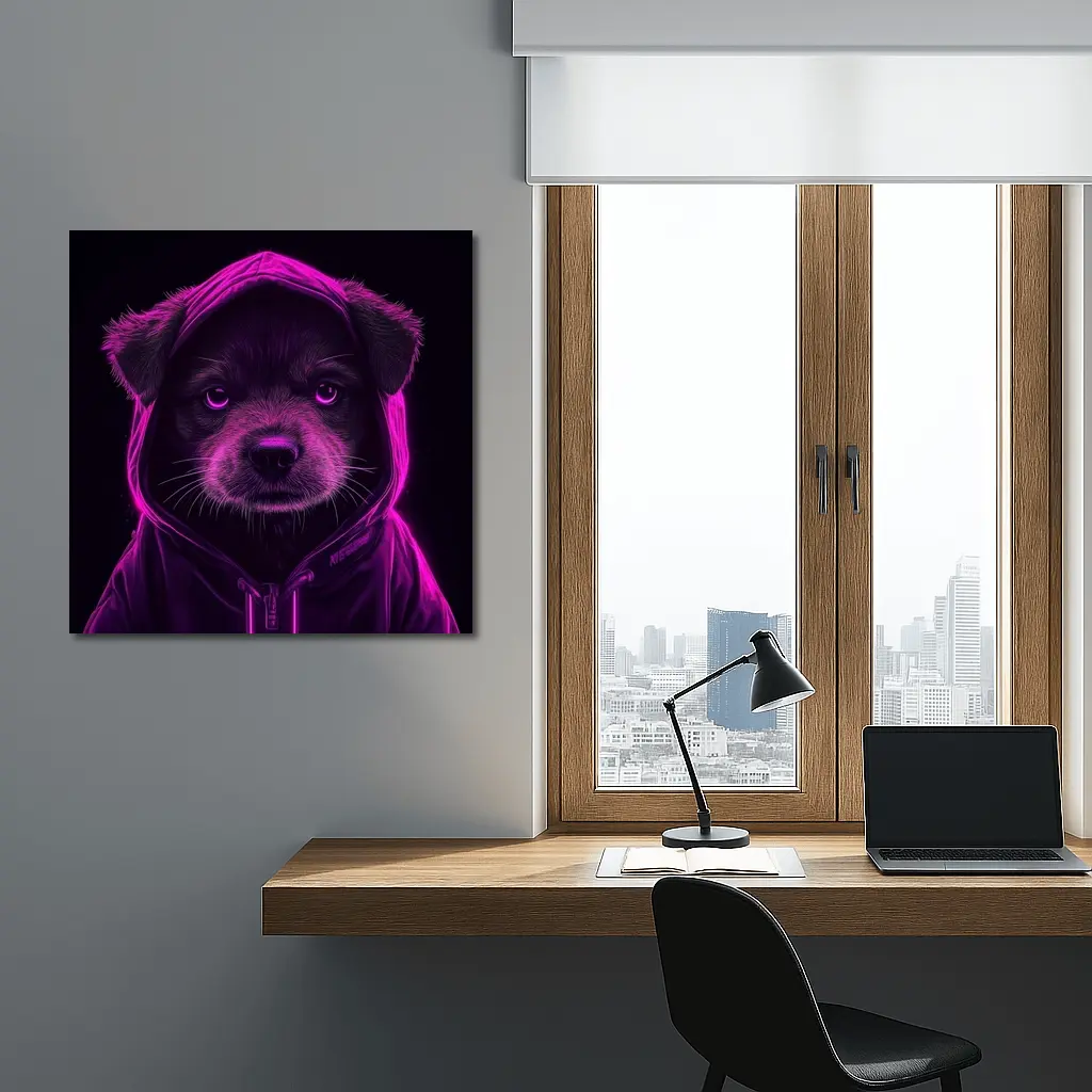 Neon Puppy Wearing Hoodie Dark Background – Wall Art