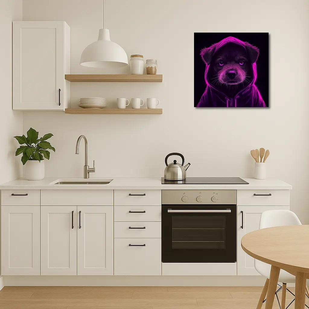 Neon Puppy Wearing Hoodie Dark Background – Wall Art