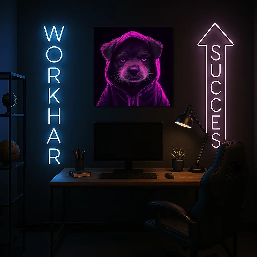Neon Puppy Wearing Hoodie Dark Background – Wall Art