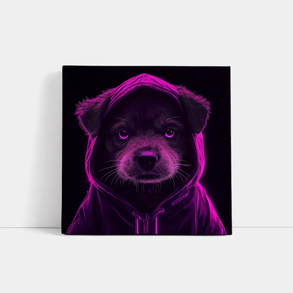 Neon Puppy Wearing Hoodie Dark Background – Wall Art