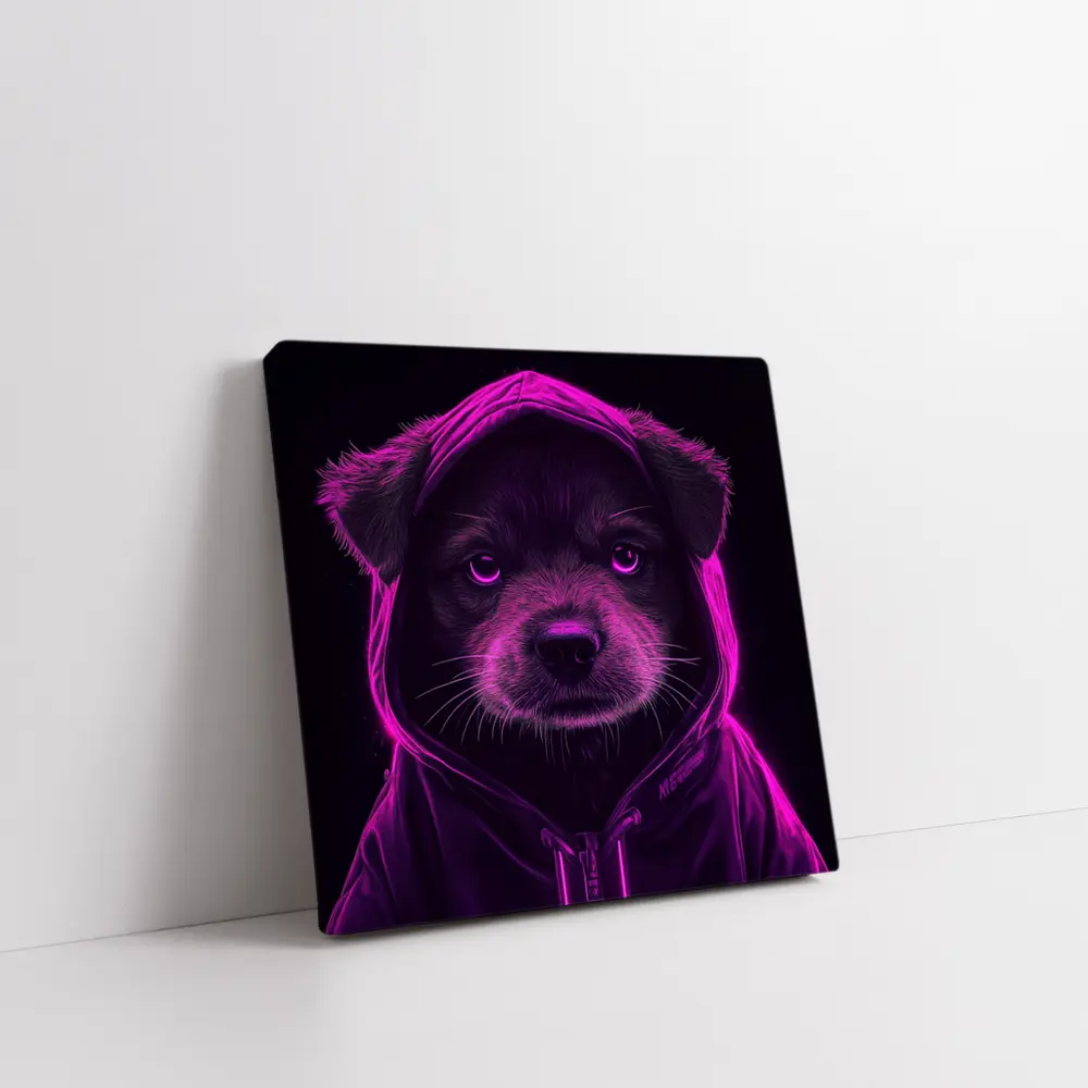 Neon Puppy Wearing Hoodie Dark Background – Wall Art