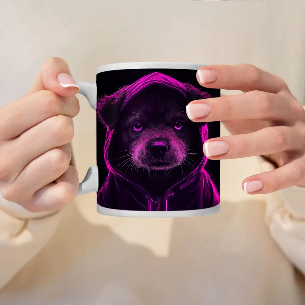 Neon Puppy Wearing Hoodie Dark Background – Mugs