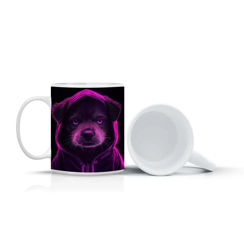 Neon Puppy Wearing Hoodie Dark Background – Mugs