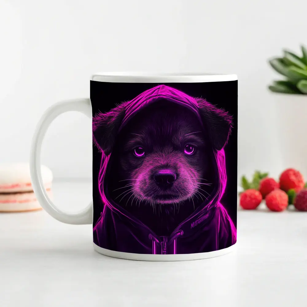 Neon Puppy Wearing Hoodie Dark Background – Mugs
