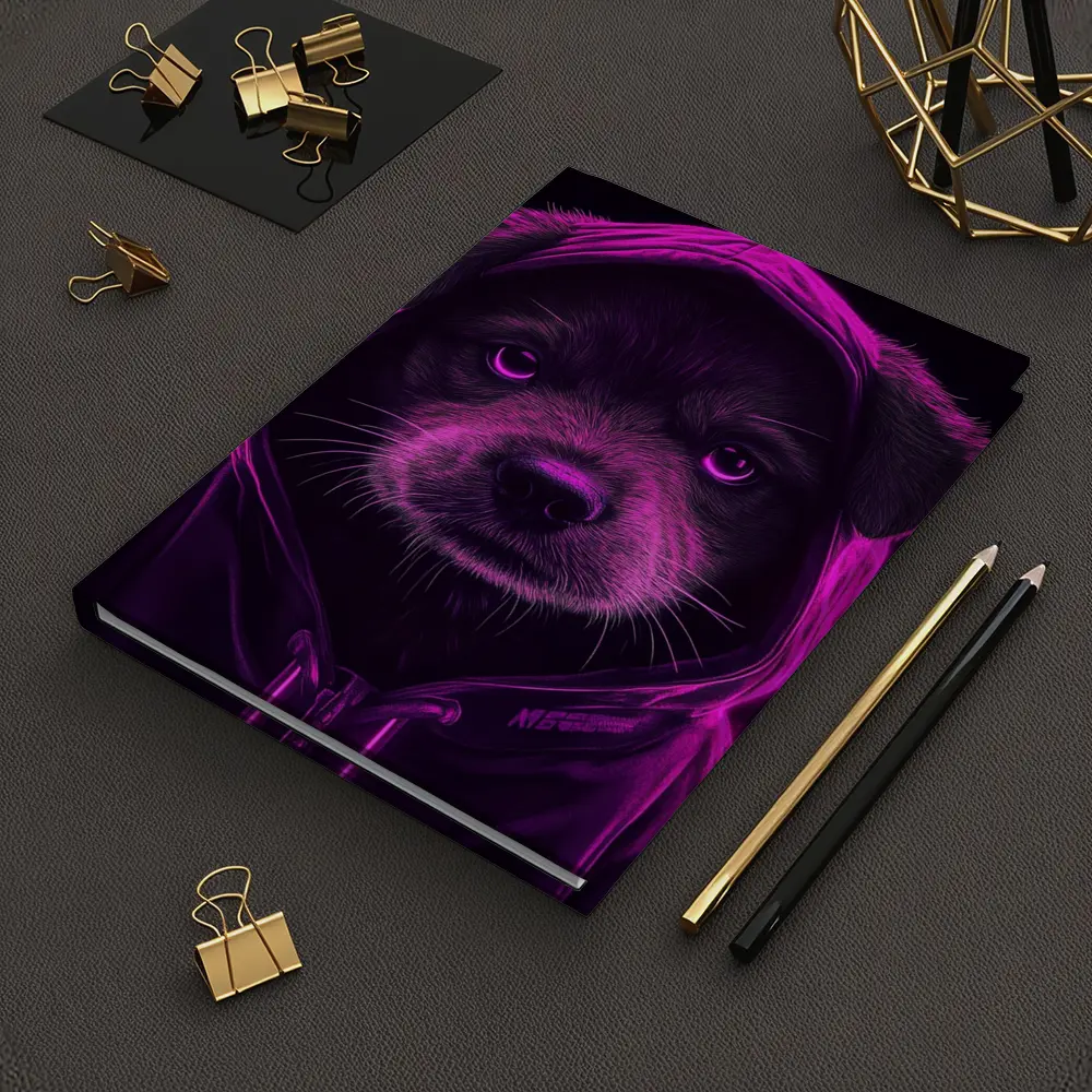 Neon Puppy Wearing Hoodie Dark Background – Notebooks