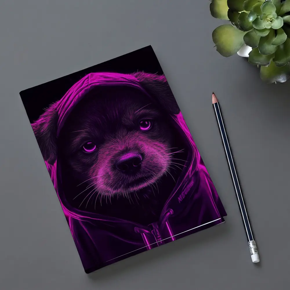 Neon Puppy Wearing Hoodie Dark Background – Notebooks