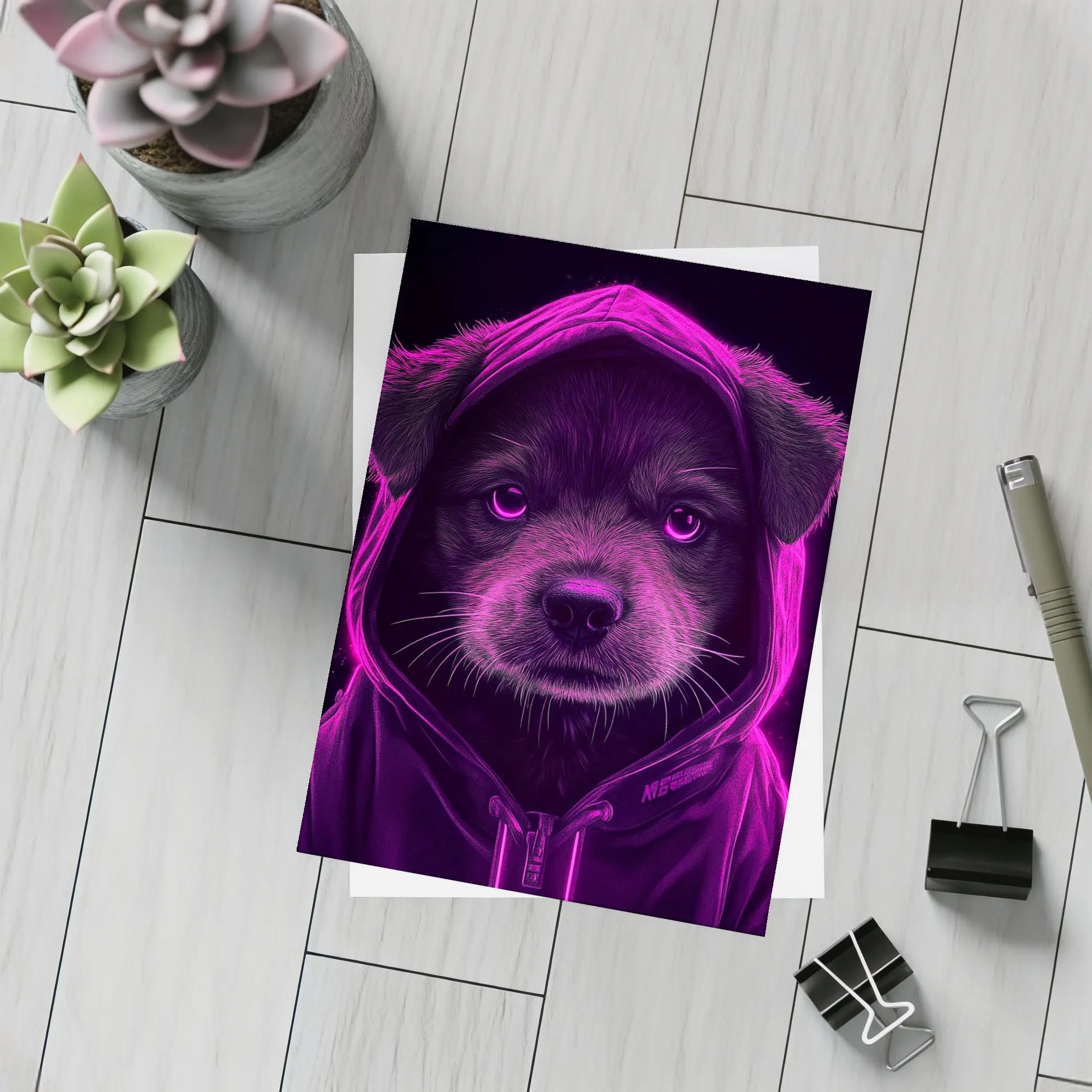 Neon Puppy Wearing Hoodie Dark Background – Postcards