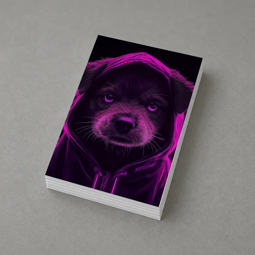 Neon Puppy Wearing Hoodie Dark Background – Postcards