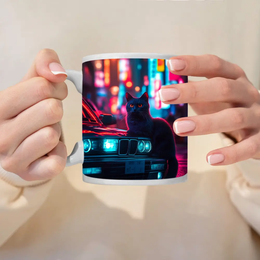 Black Cat on BMW Neon City Night – Mugs