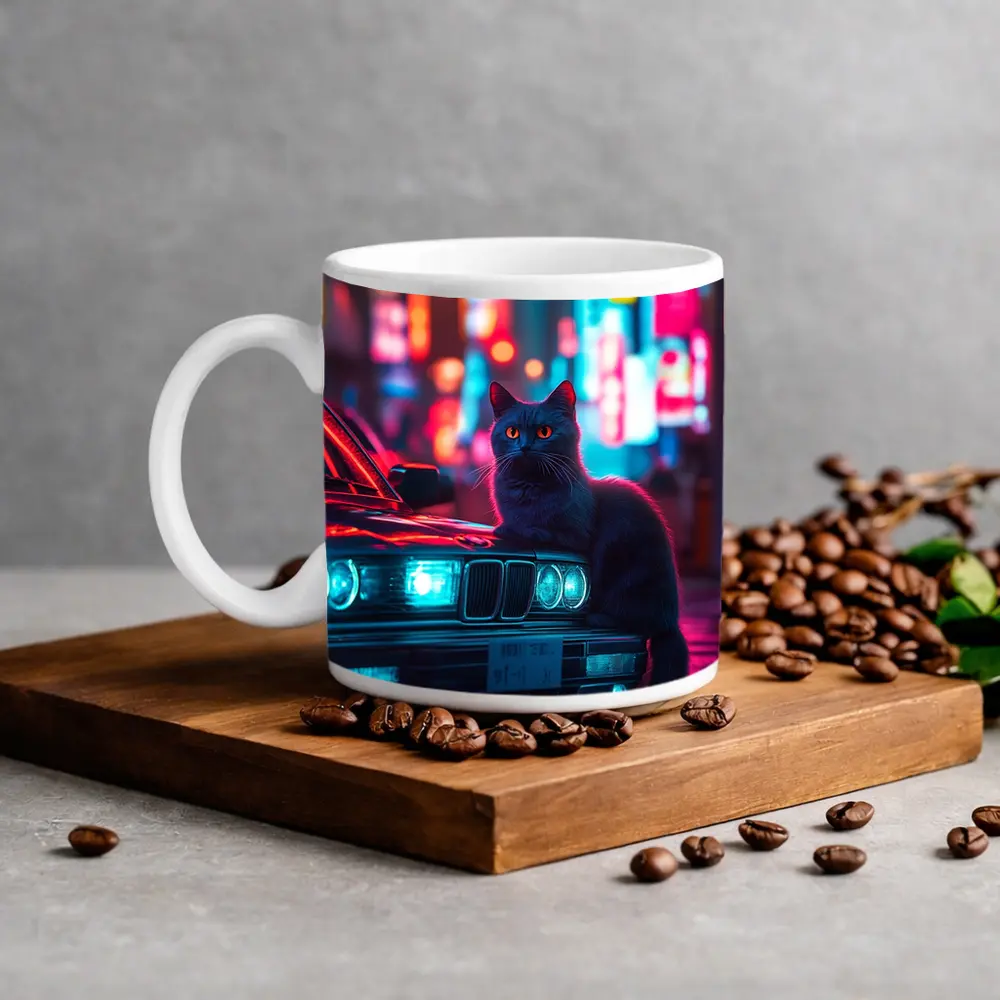 Black Cat on BMW Neon City Night – Mugs