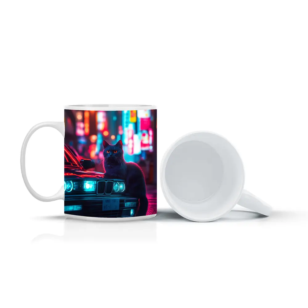 Black Cat on BMW Neon City Night – Mugs