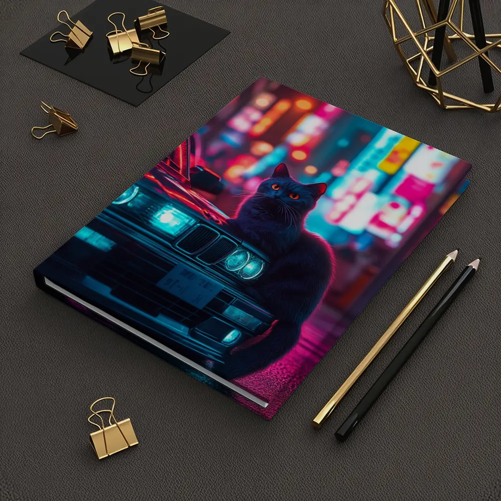 Black Cat on BMW Neon City Night – Notebooks