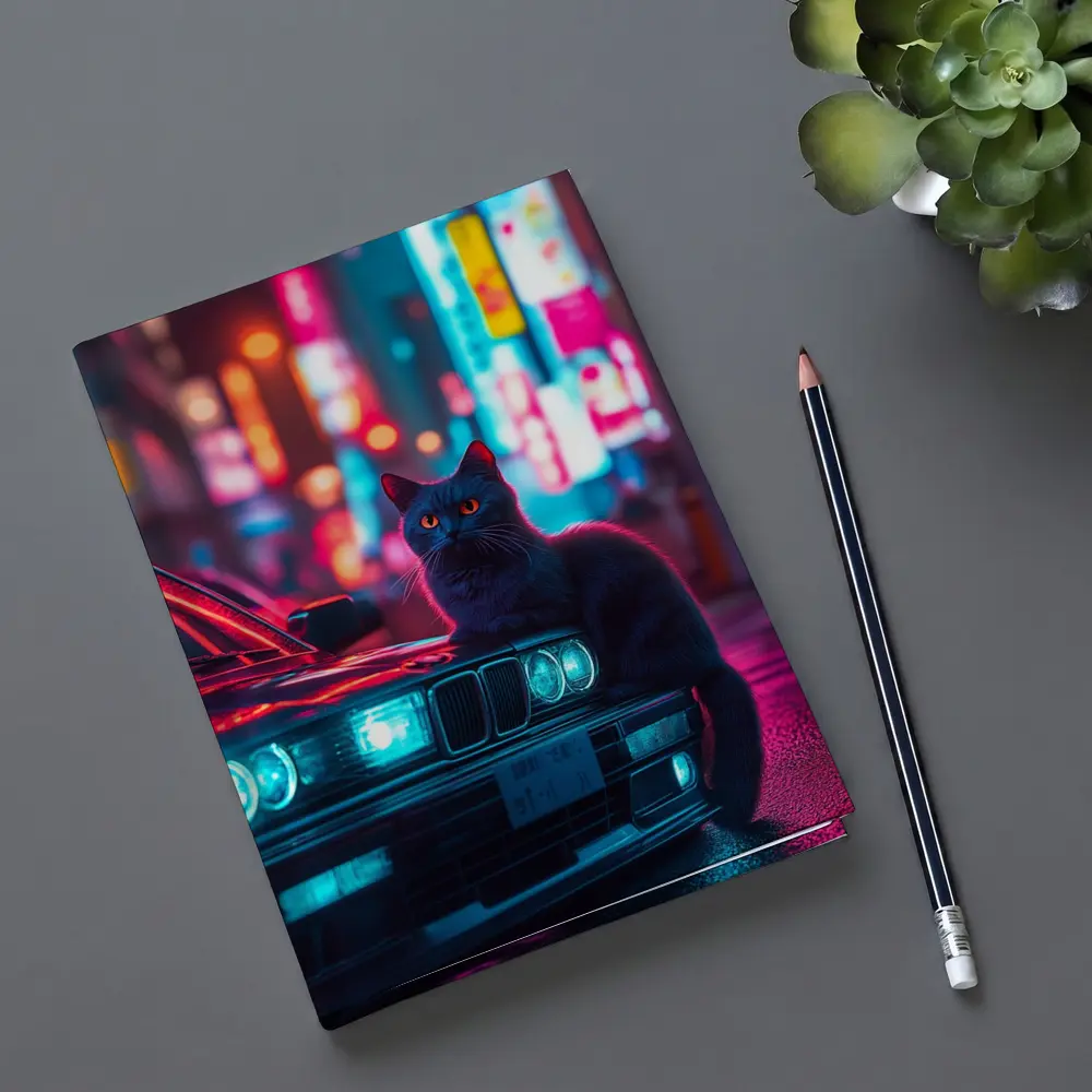 Black Cat on BMW Neon City Night – Notebooks