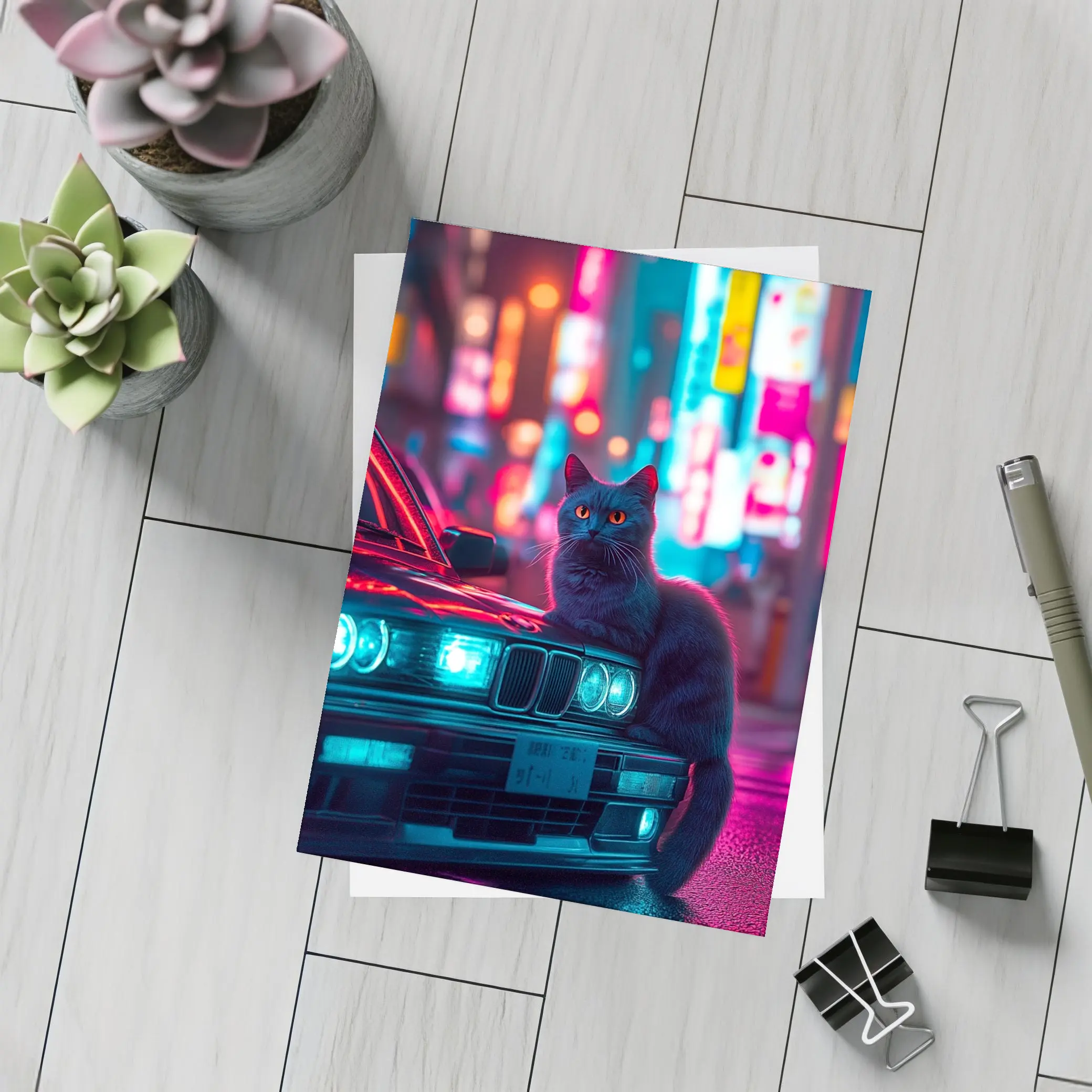 Black Cat on BMW Neon City Night – Postcards