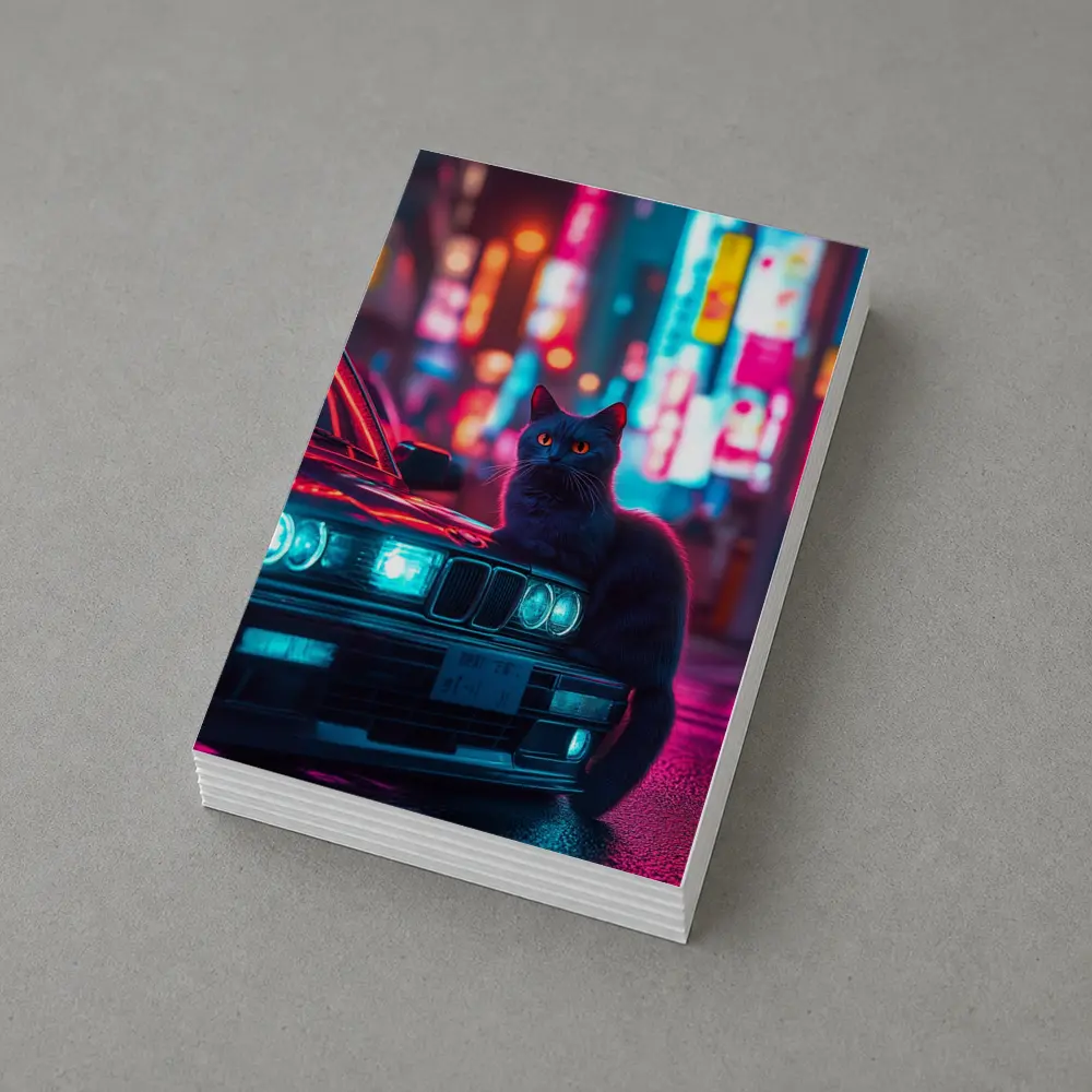 Black Cat on BMW Neon City Night – Postcards