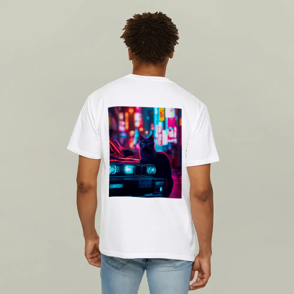 Black Cat on BMW Neon City Night – T-Shirts