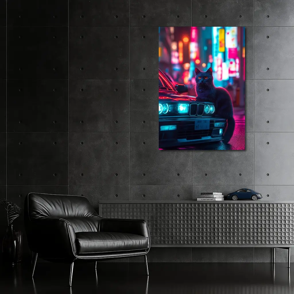 Black Cat on BMW Neon City Night – Wall Art