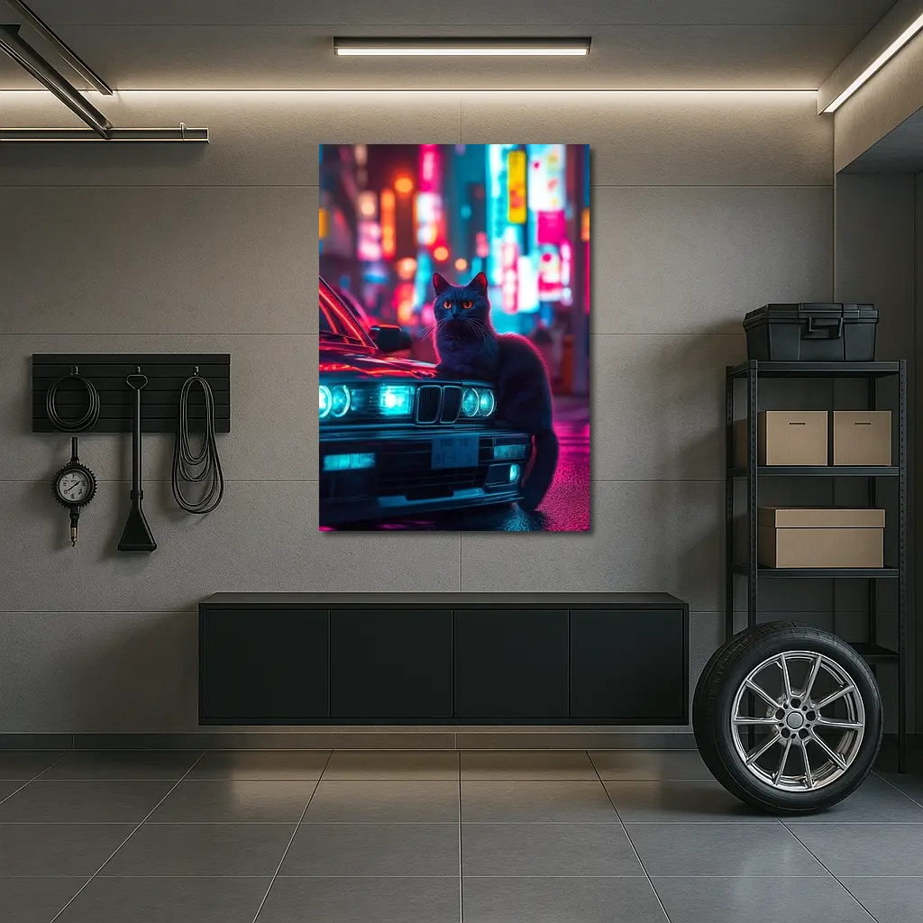 Black Cat on BMW Neon City Night – Wall Art