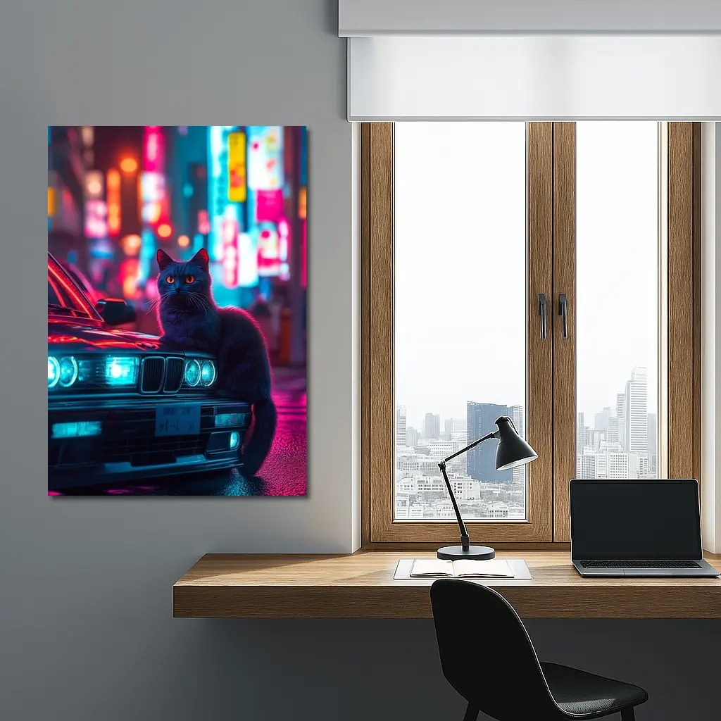 Black Cat on BMW Neon City Night – Wall Art