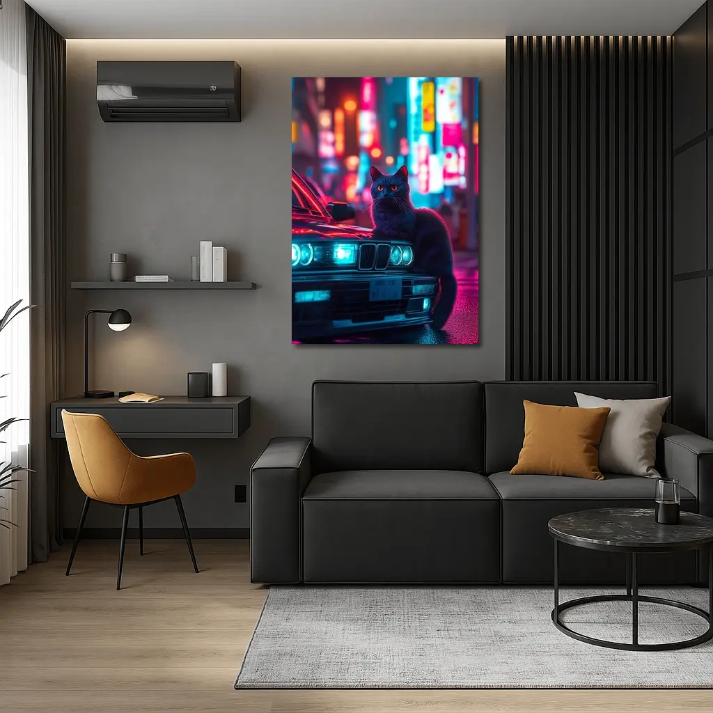 Black Cat on BMW Neon City Night – Wall Art
