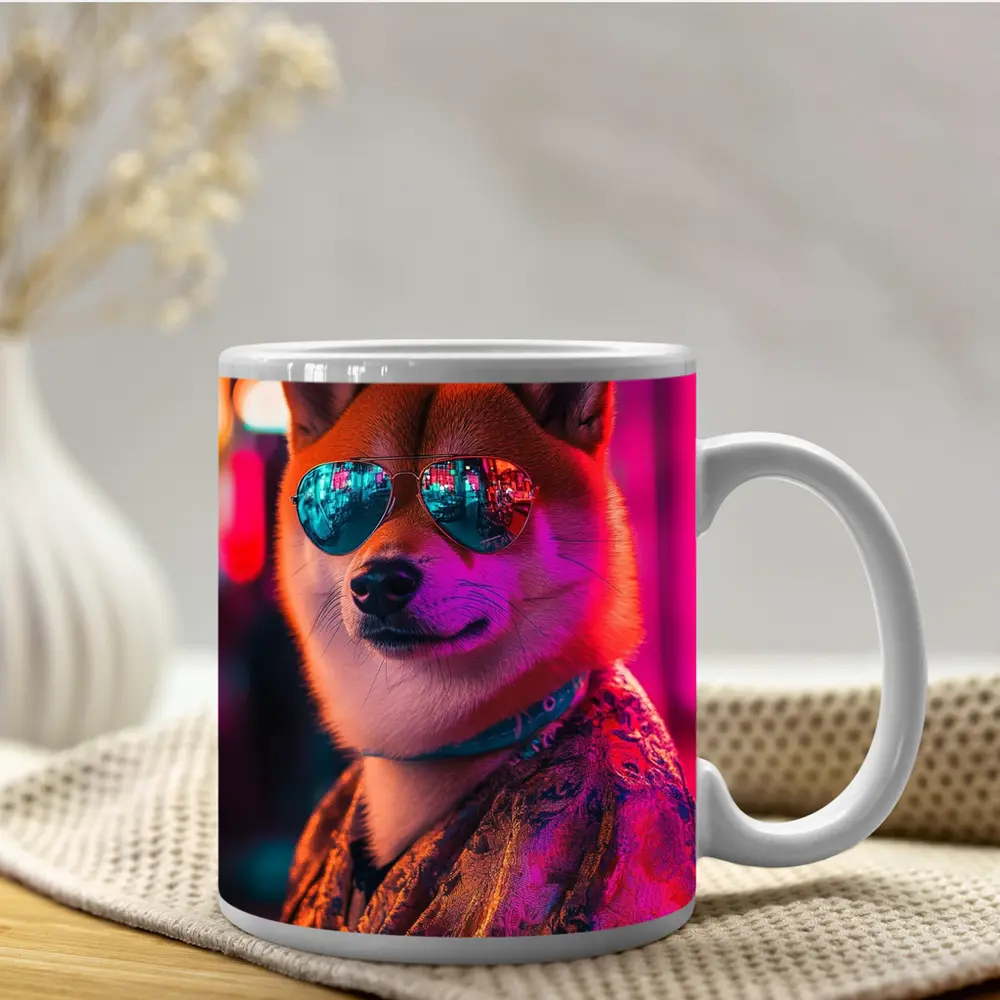 Shiba Inu Dog Sunglasses Neon City Night – Mugs