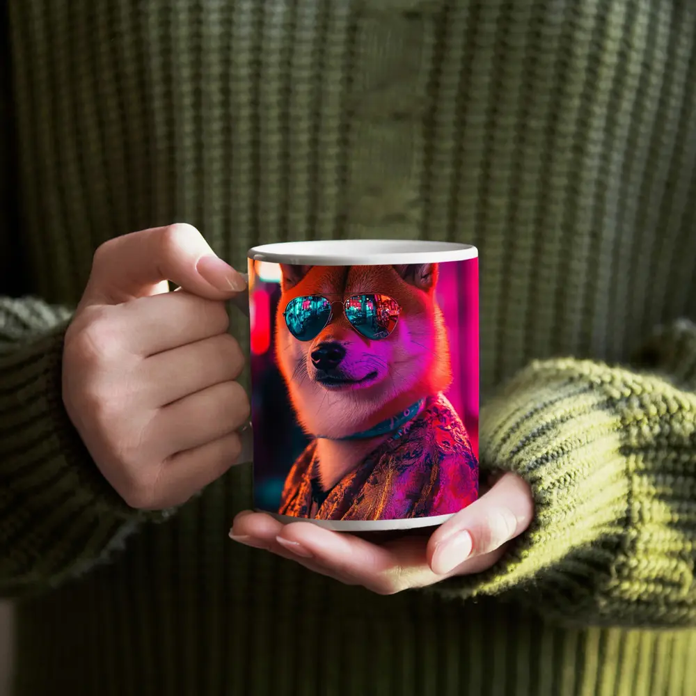 Shiba Inu Dog Sunglasses Neon City Night – Mugs