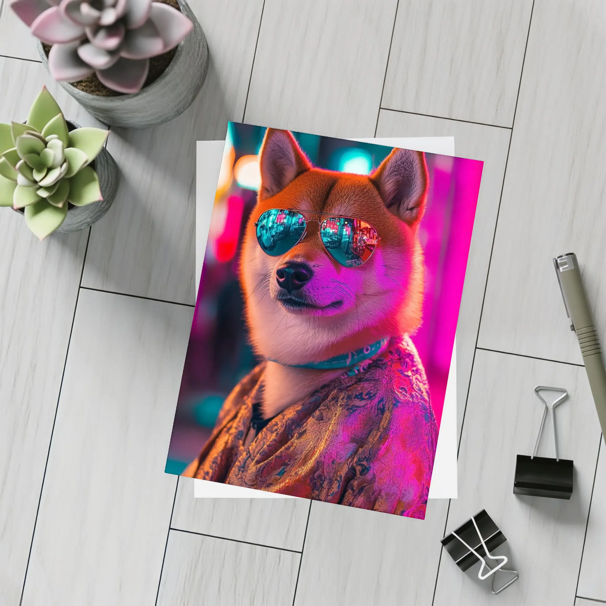 Shiba Inu Dog Sunglasses Neon City Night – Postcards