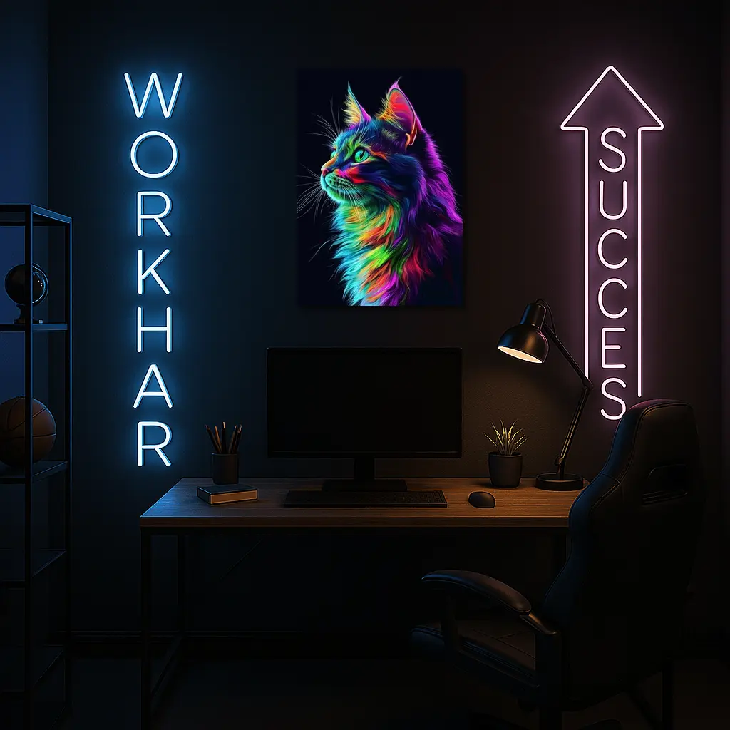 Neon Rainbow Maine Coon Cat Black Background – Wall Art