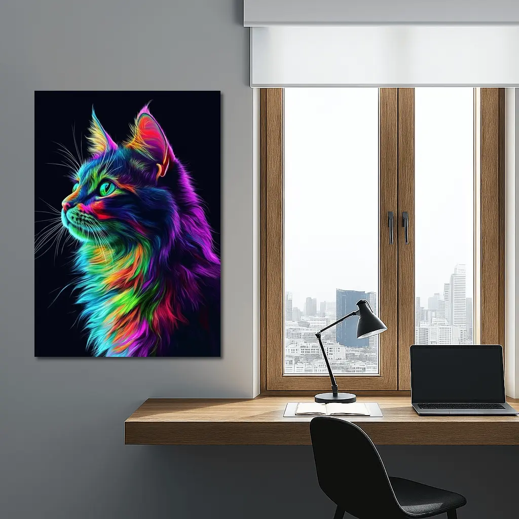 Neon Rainbow Maine Coon Cat Black Background – Wall Art
