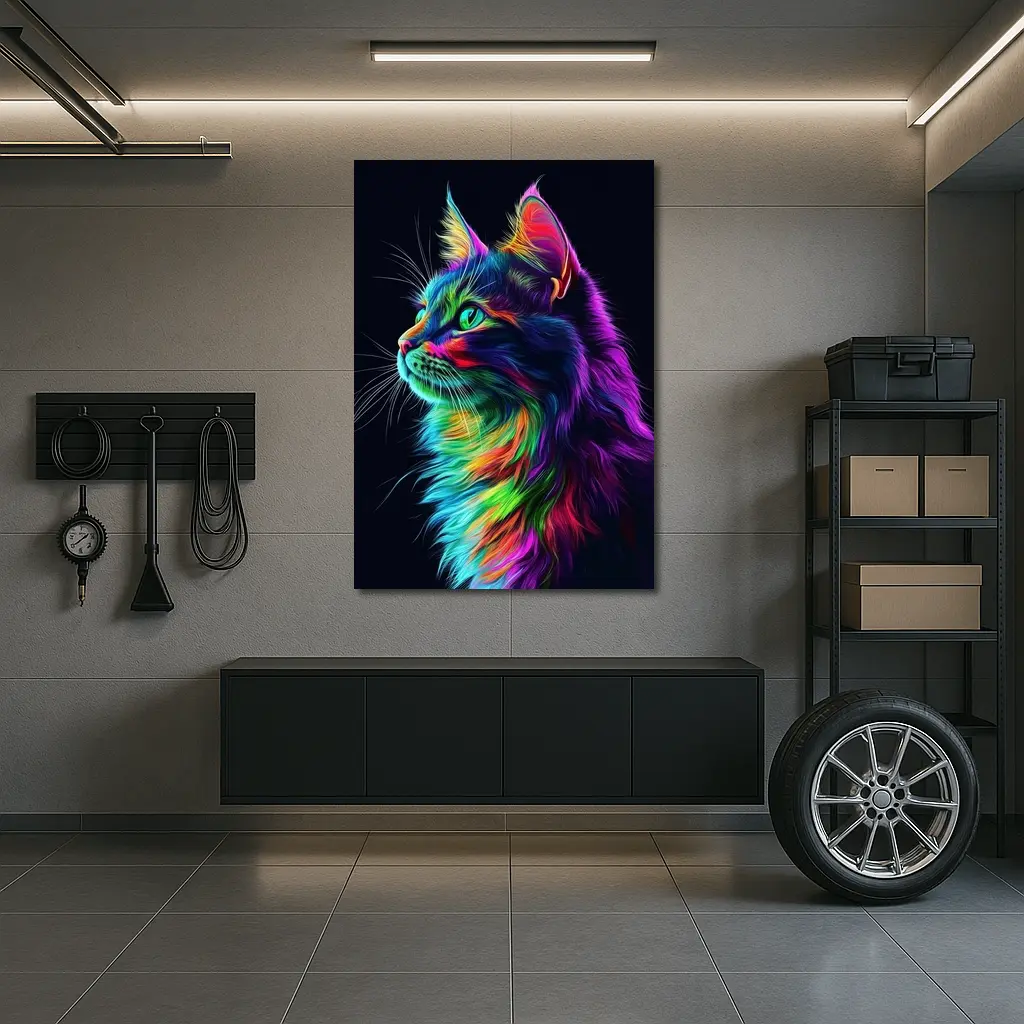 Neon Rainbow Maine Coon Cat Black Background – Wall Art
