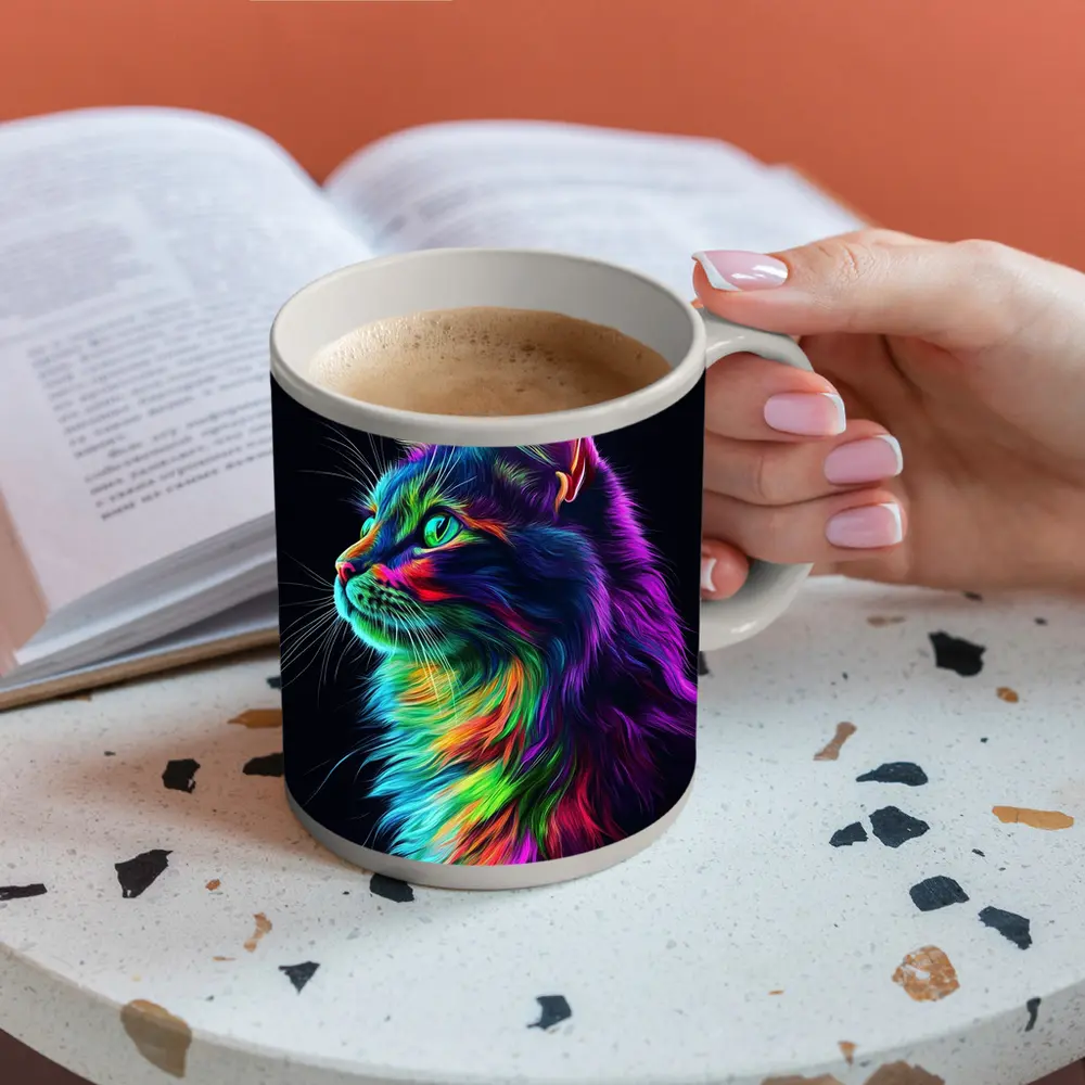 Neon Rainbow Maine Coon Cat Black Background – Mugs