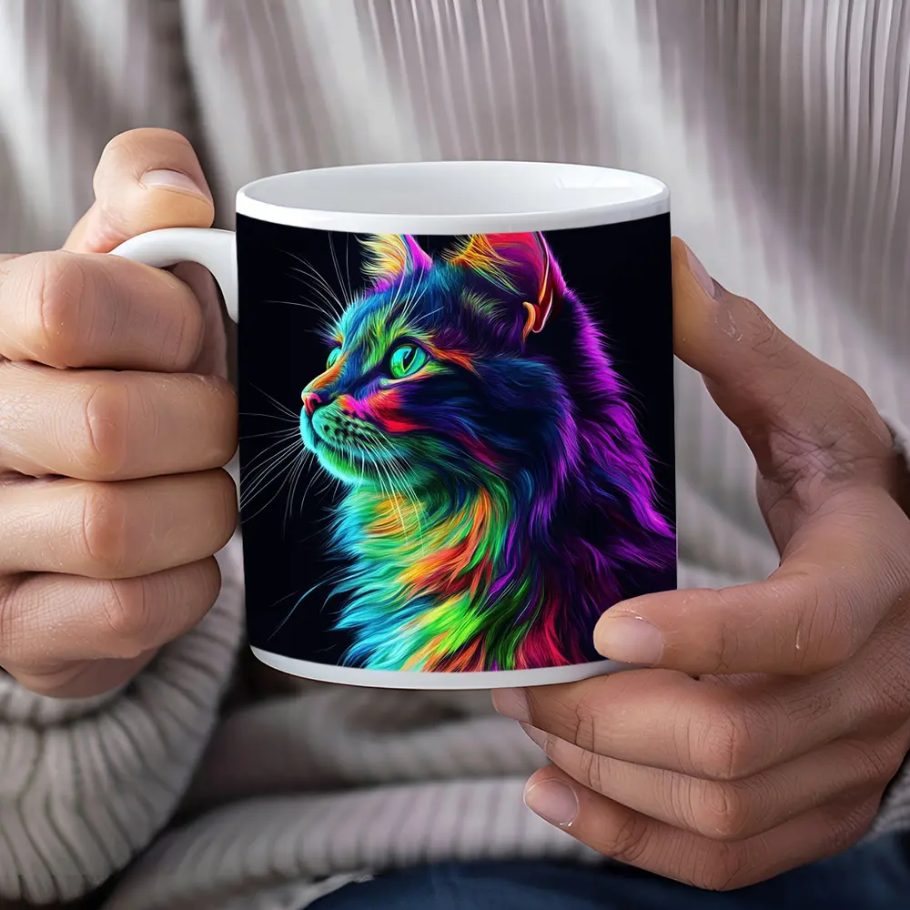 Neon Rainbow Maine Coon Cat Black Background – Mugs
