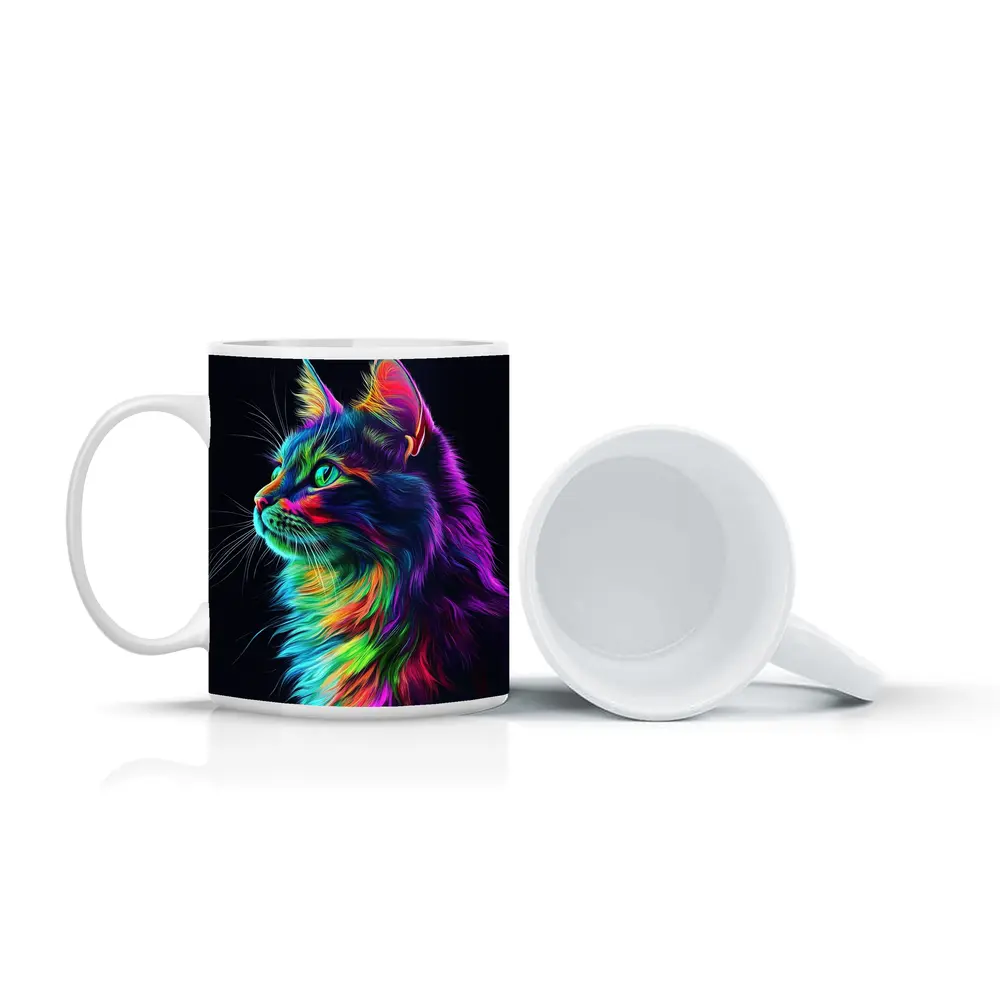 Neon Rainbow Maine Coon Cat Black Background – Mugs