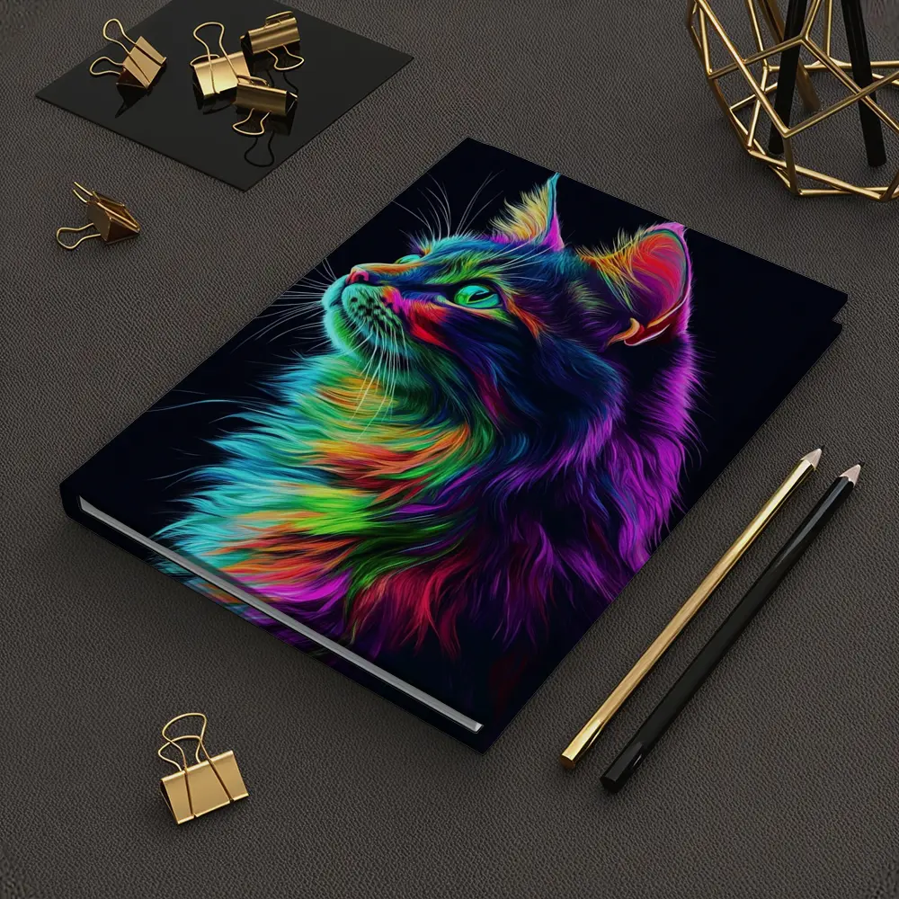 Neon Rainbow Maine Coon Cat Black Background – Notebooks