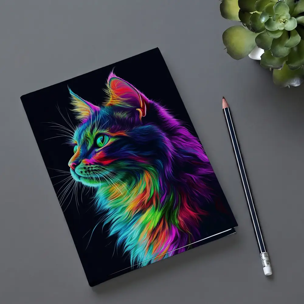 Neon Rainbow Maine Coon Cat Black Background – Notebooks